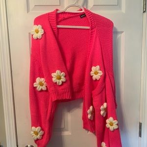 Hot Pink Knitted Cardigan with Knitted Daisy’s.